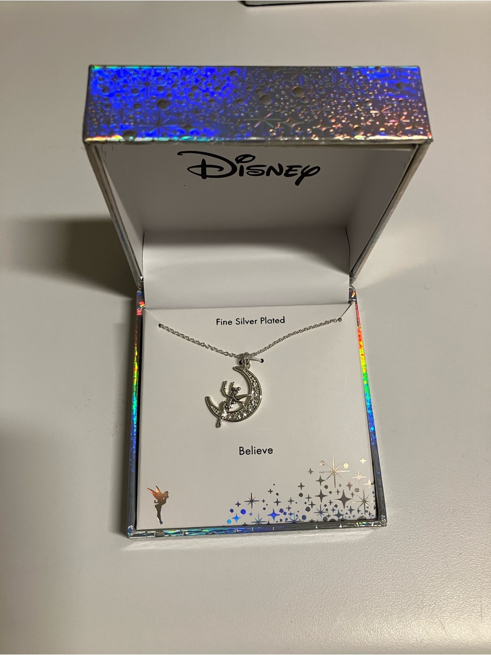 Disney Silver Tinker Bell Crescent Moon Necklace with Sparkling Accents